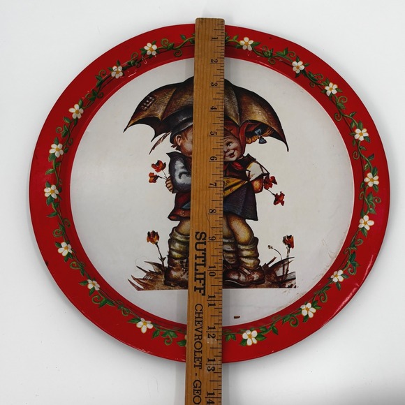 Vintage Metal Serving Tray Children Umbrella Flowers Red Floral Border, Giftco - Picture 4 of 5